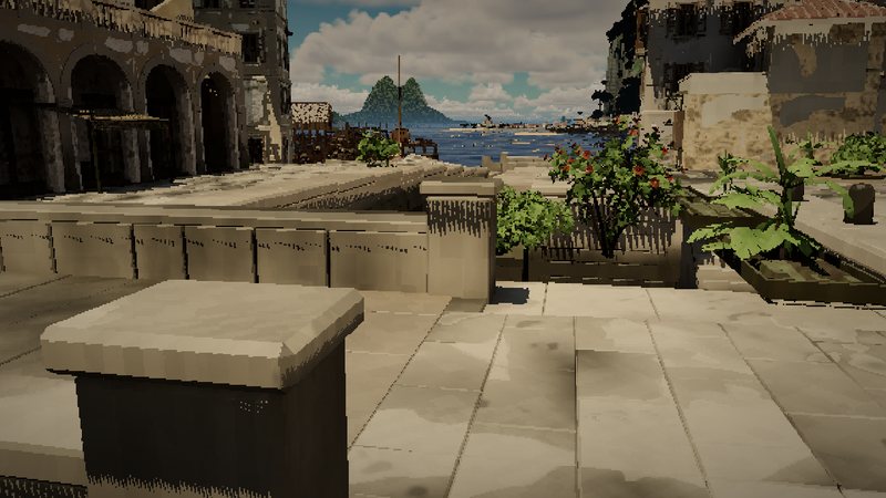 A stone square by the harbour with arcades and a view of the sea