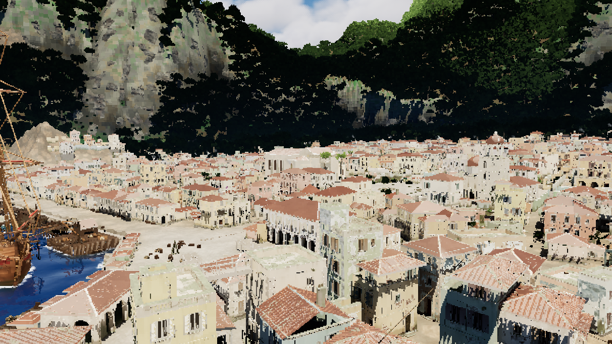 Tiled roofs of a harbour town below a forested hill, a ship at the quay