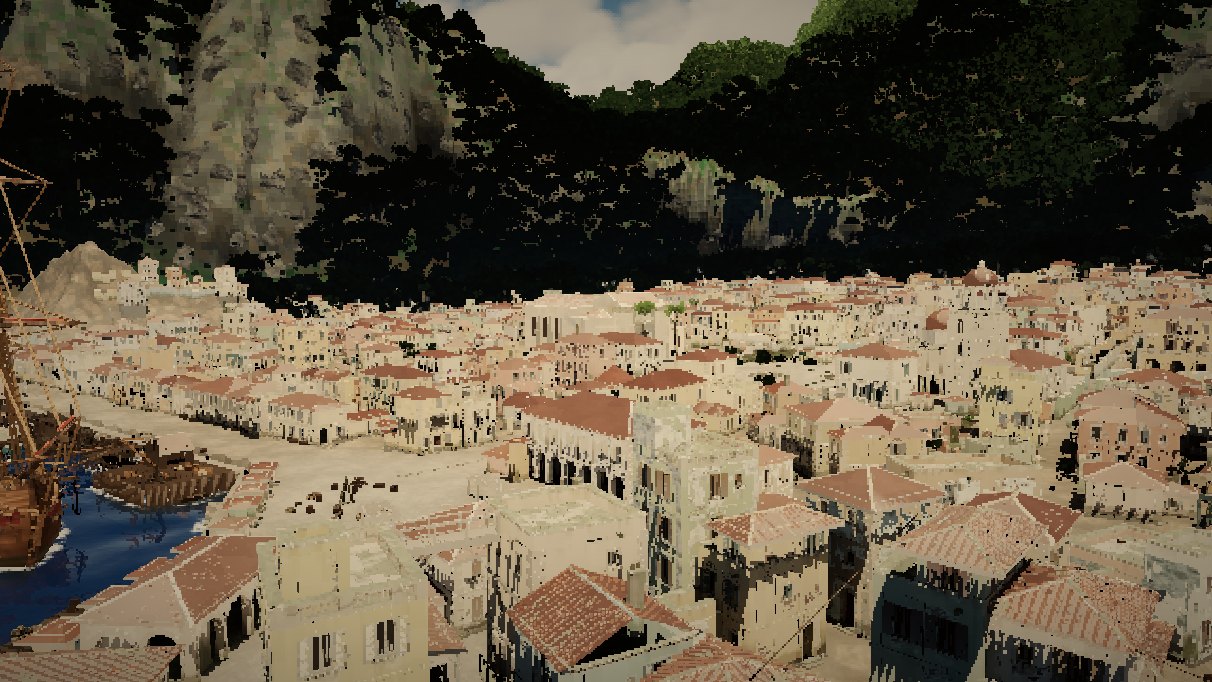 Tiled roofs of a harbour town below a forested hill, a ship at the quay